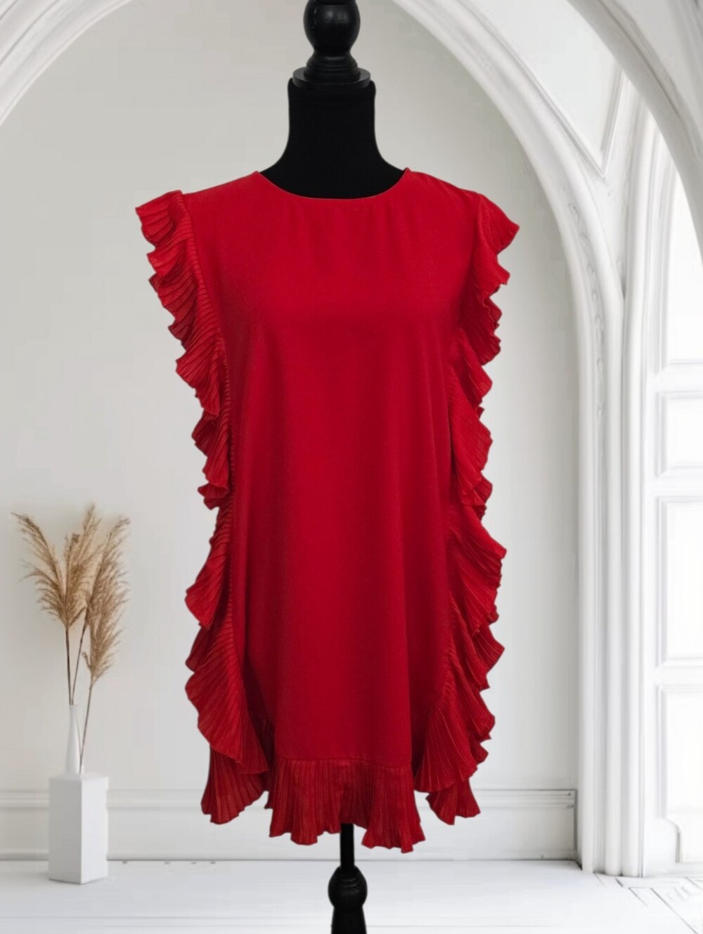 TCEC Red Pleated Ruffle Mini Dress, Size M - Picture 2 of 6